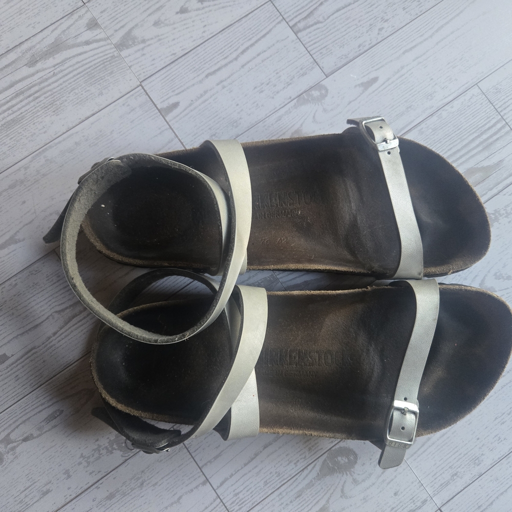 Birkenstock Women’s Metallic Silver Two-Strap Ankle Sandals